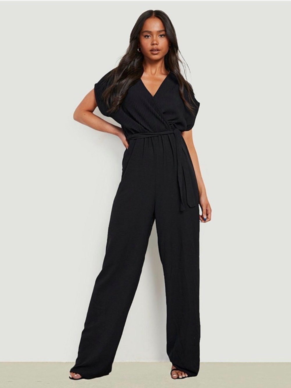 Boohoo Black Pleated Wrap Jumpsuit
